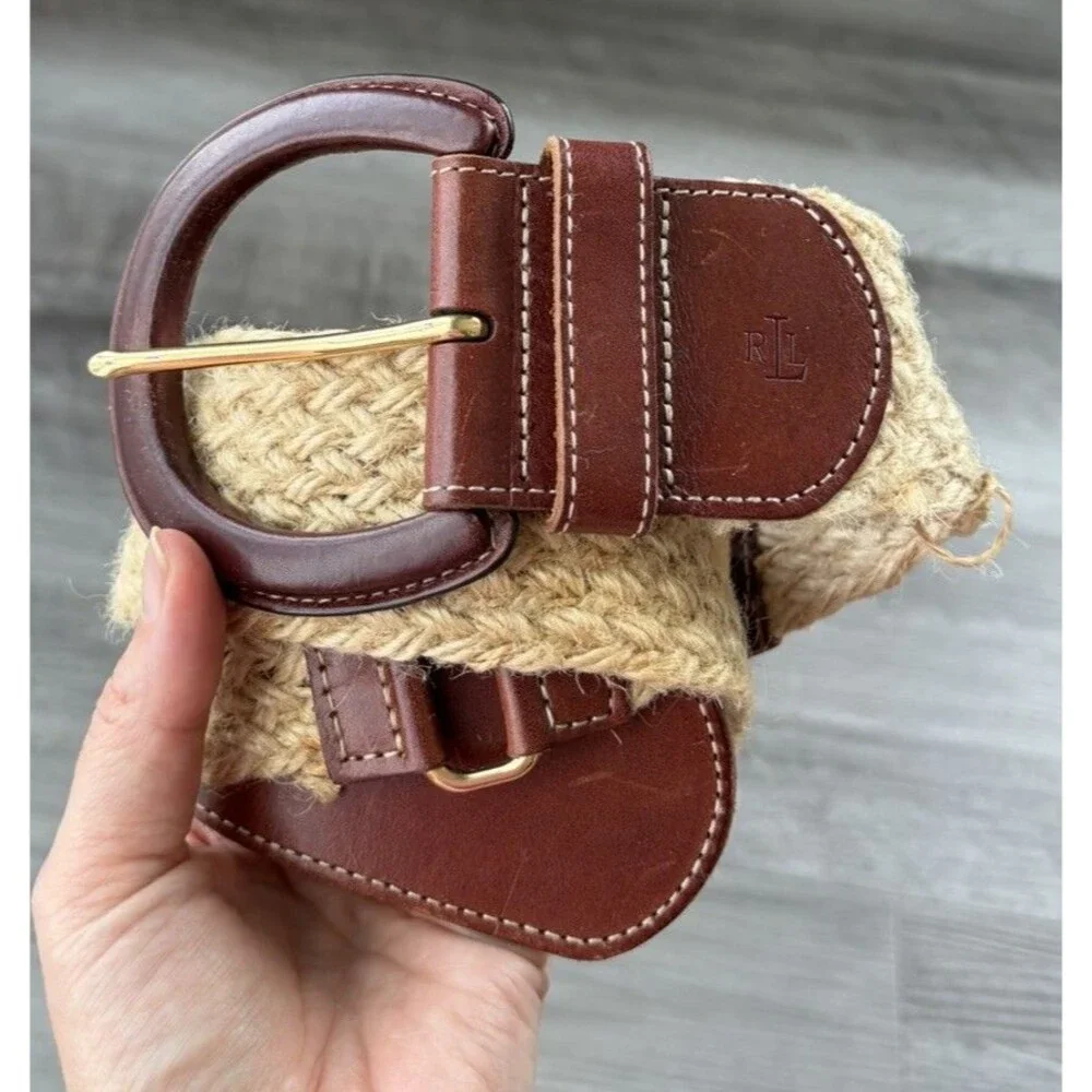 Lauren Ralph Lauren Woven Raffia Leather Wide Belt Women Size M Brown Boho RLL